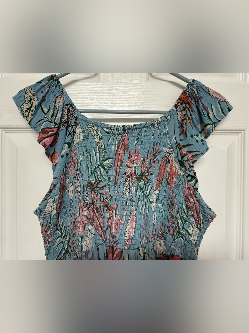 Angie Blue Floral Smocked Cap-Sleeve Mini Dress Large - Picture 6 of 6